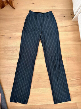 Anine Bing Drew Pinstripe Straight Leg Pants with Back Slit